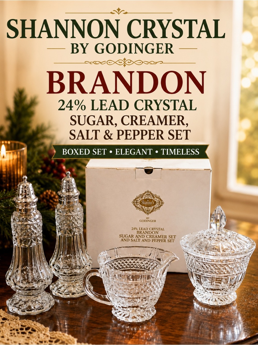 NEW Shannon Crystal Godinger Brandon 24% Lead Crystal 4 Pc Serving Set Boxed